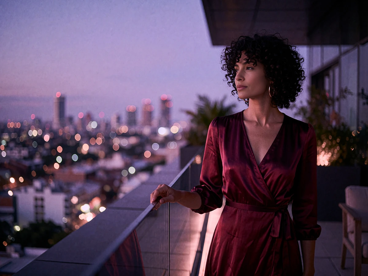 Poised woman in a wine-red wrap dress standing on an Atlanta rooftop terrace overlooking the city skyline at dusk