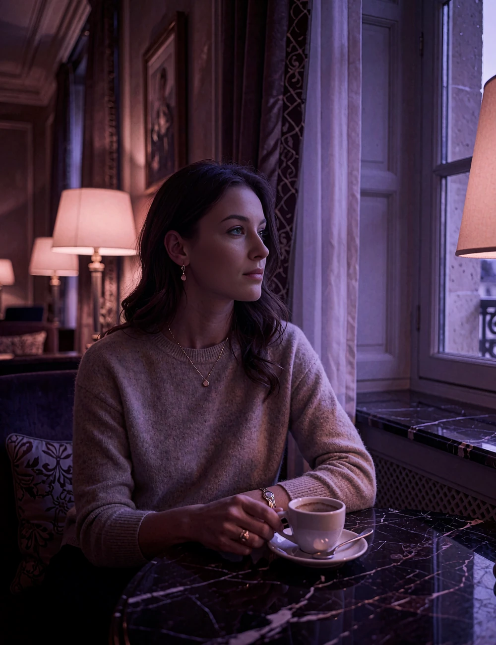 Young woman in a soft cashmere sweater seated beside a tall window in an upscale hotel lounge with an espresso cup nearby