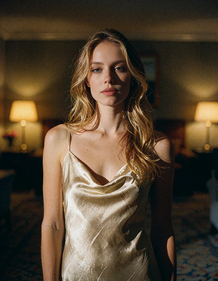 Woman with long honey-blonde waves in a champagne-gold slip dress standing in a softly blurred Dallas hotel lobby