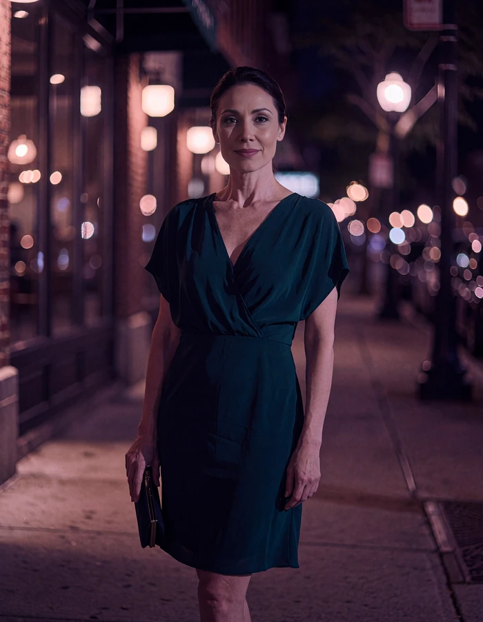Woman with sleek dark hair in a deep teal cocktail dress on a quiet downtown sidewalk at night