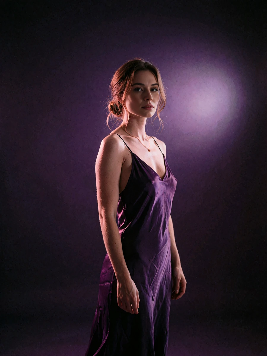 Woman with a low bun and rose-gold necklace in a deep amethyst slip dress in a dark violet gradient setting