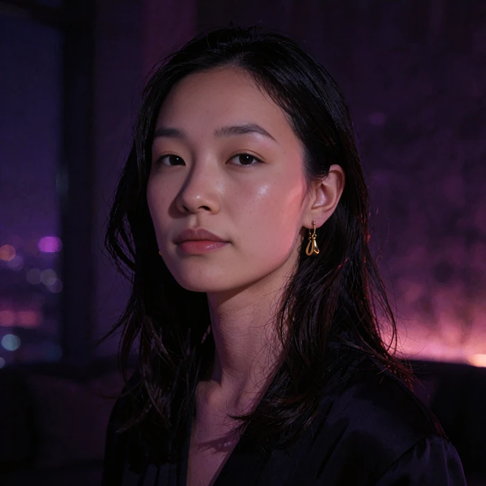 Calm young woman with straight black hair and gold earrings beside a darkened window with violet city glow