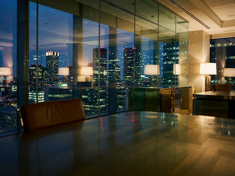 Empty top-floor boardroom overlooking a lit downtown skyline at dusk