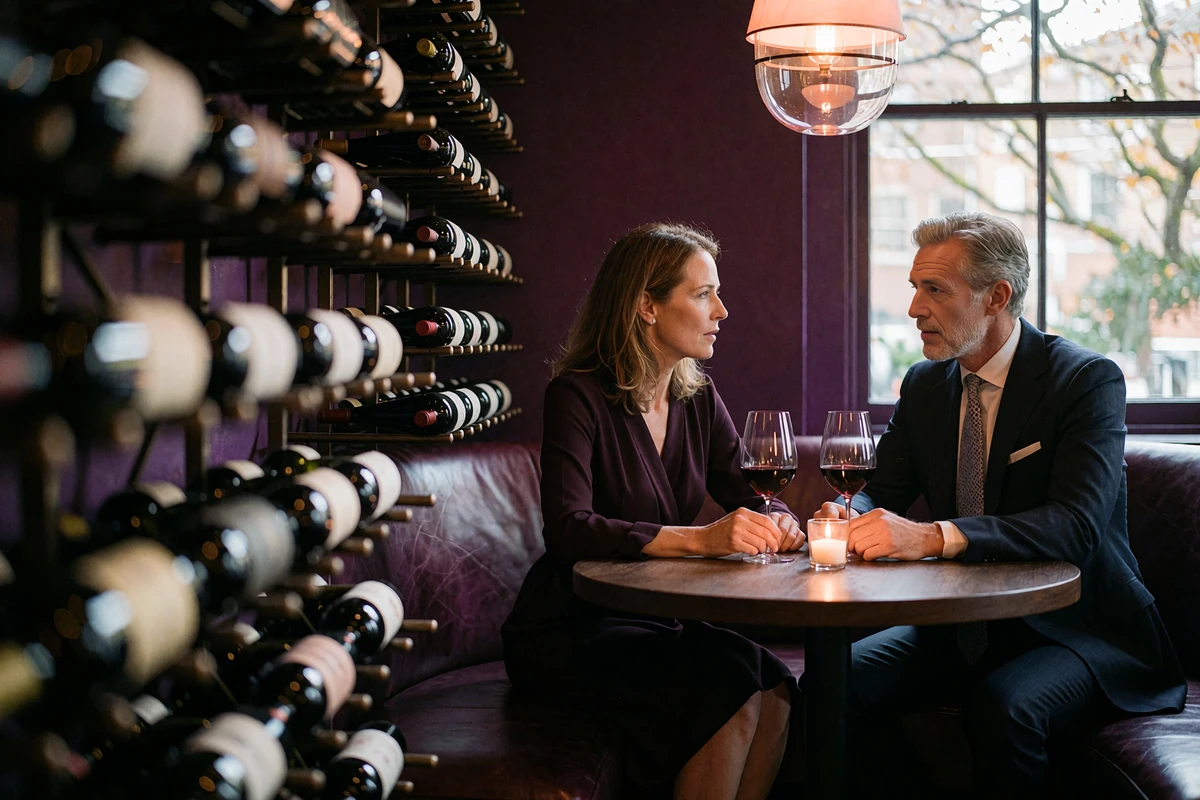 Couple leaning toward each other over wine glasses and candlelight in a Phoenix steakhouse wine room