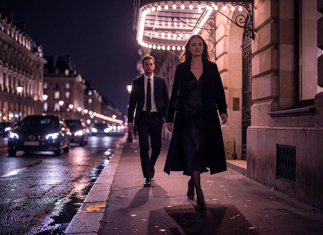 Couple stepping onto Michigan Avenue at night under warm marquee-style lighting in Chicago