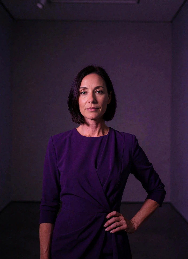 Confident woman in her early forties with a sleek dark bob wearing a deep violet tailored dress in a dim art gallery interior