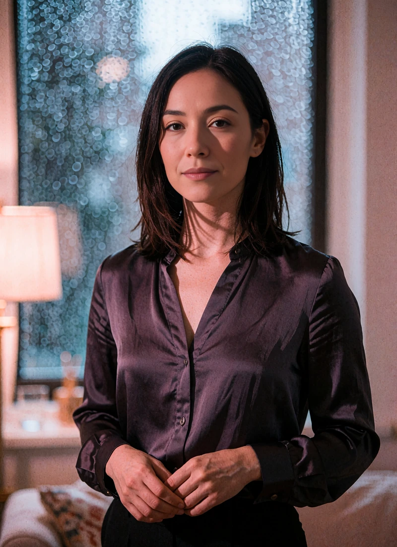 Woman with straight dark hair in a charcoal silk blouse standing thoughtfully against a defocused rainy Seattle window
