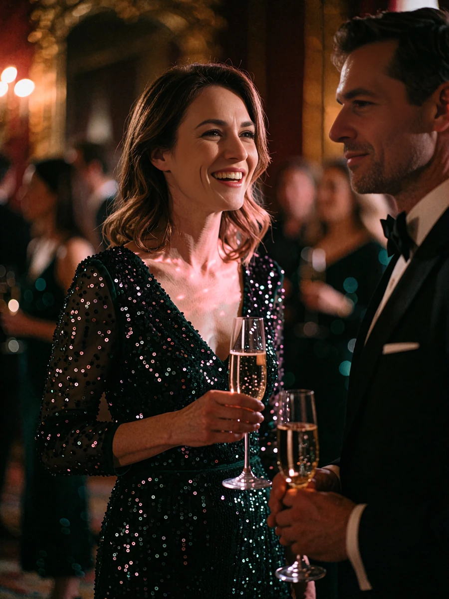 Woman in a dark green sequinned gown laughing with a champagne flute at an evening gala reception