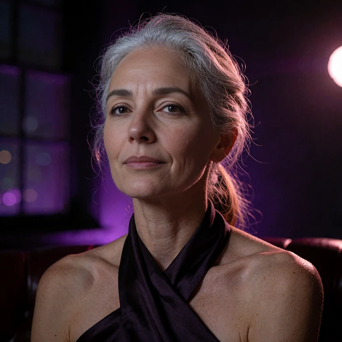 Distinguished woman in her early fifties with silver-streaked hair beside a darkened window with faint violet glow