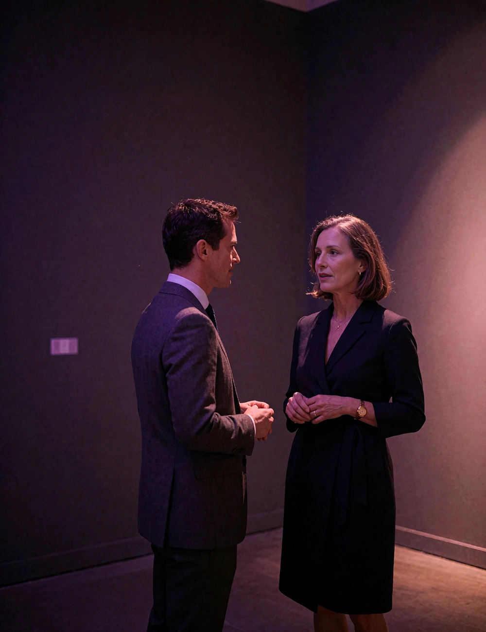 Elegant woman in a dark tailored dress speaking with a younger man in a charcoal suit at a hushed evening gallery reception