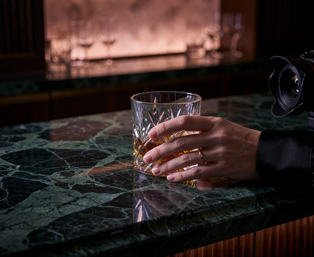 Close view of a hand with a rose-gold ring resting beside a crystal glass on a dark marble bar in a Miami lounge