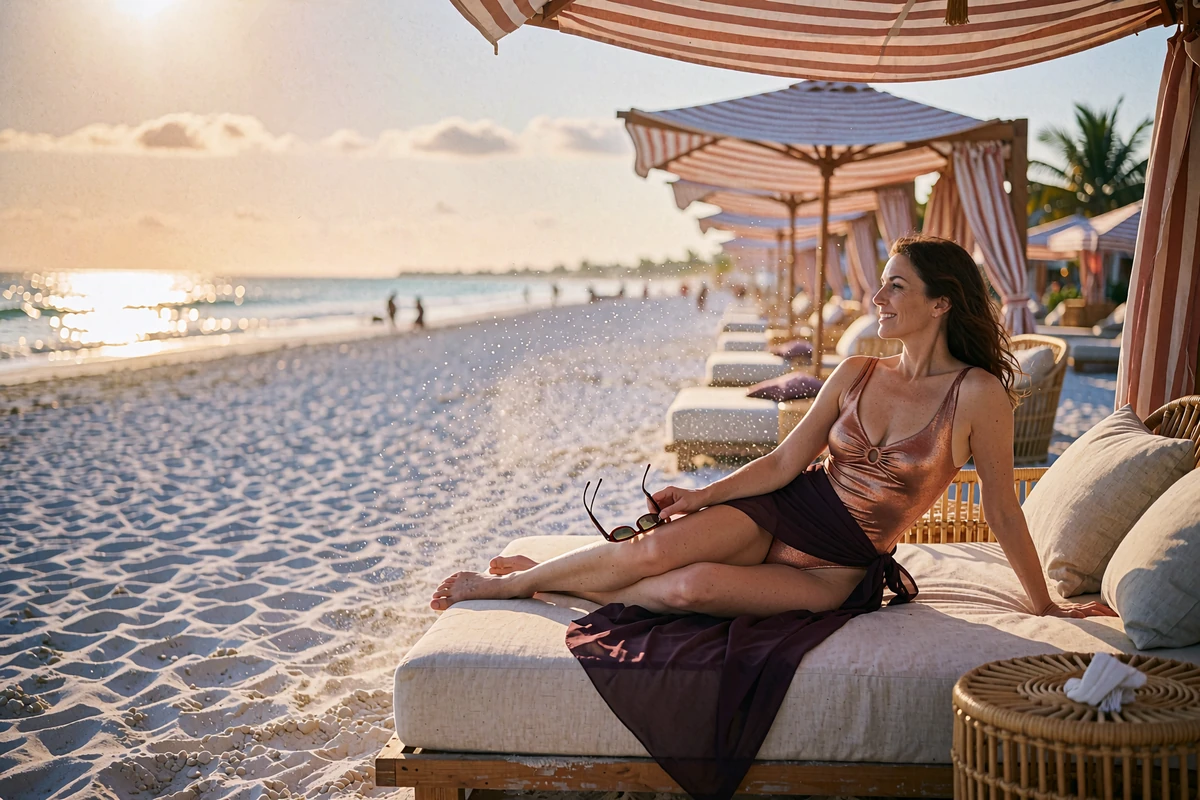 Woman in a bronze swimsuit reclining on a daybed at a San Diego beach club terrace in late afternoon light