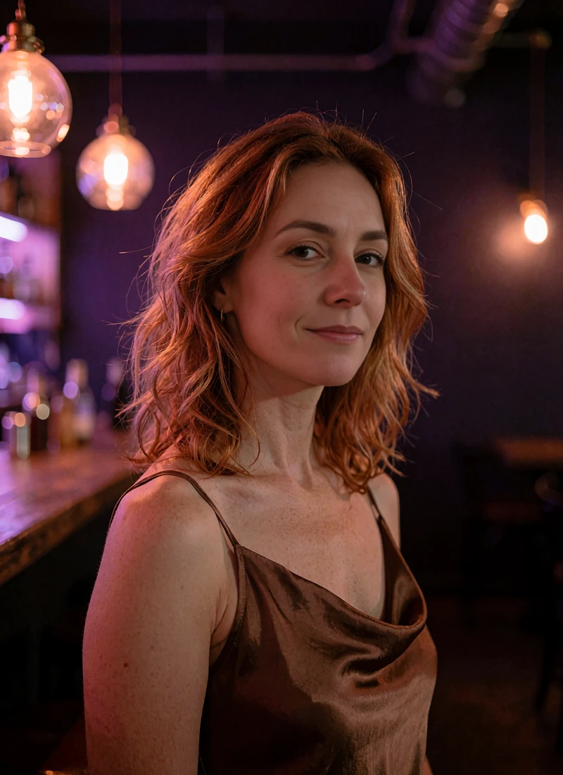 Woman with copper-toned hair in a bronze satin dress glancing back over her shoulder in a Southtown bar