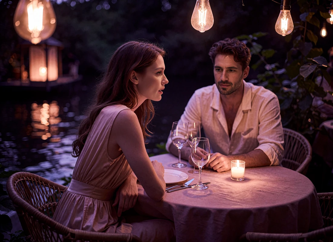 Couple at a small riverside terrace table in San Antonio under warm hanging lights beside dark water