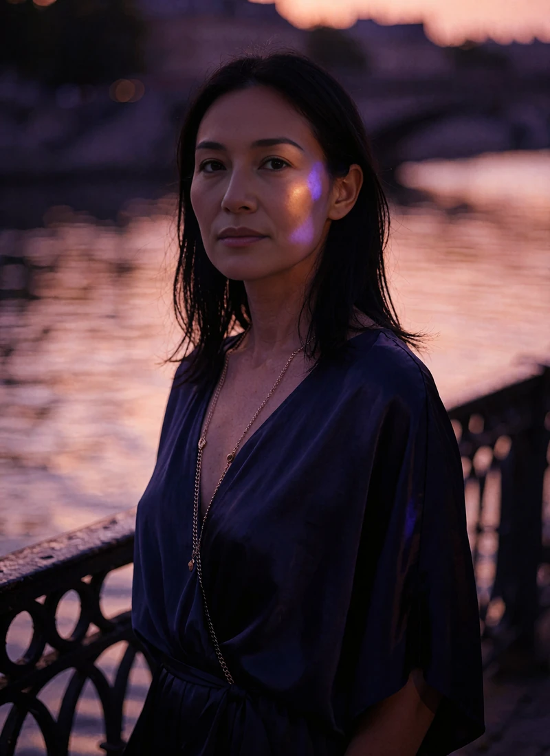 Woman with straight black hair in a navy silk gown standing beside the illuminated San Antonio River Walk