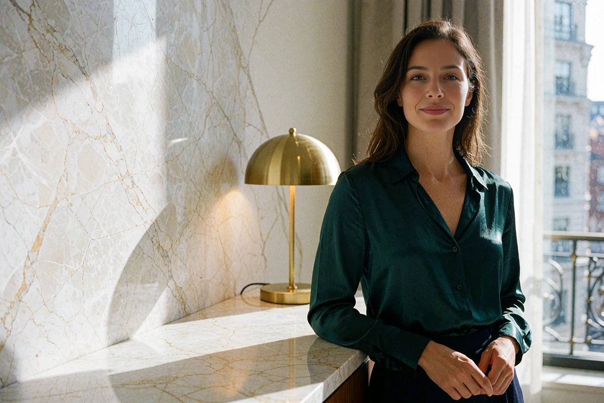 Confident woman in a tailored emerald satin blouse beside a marble console in a sunlit upscale hotel suite