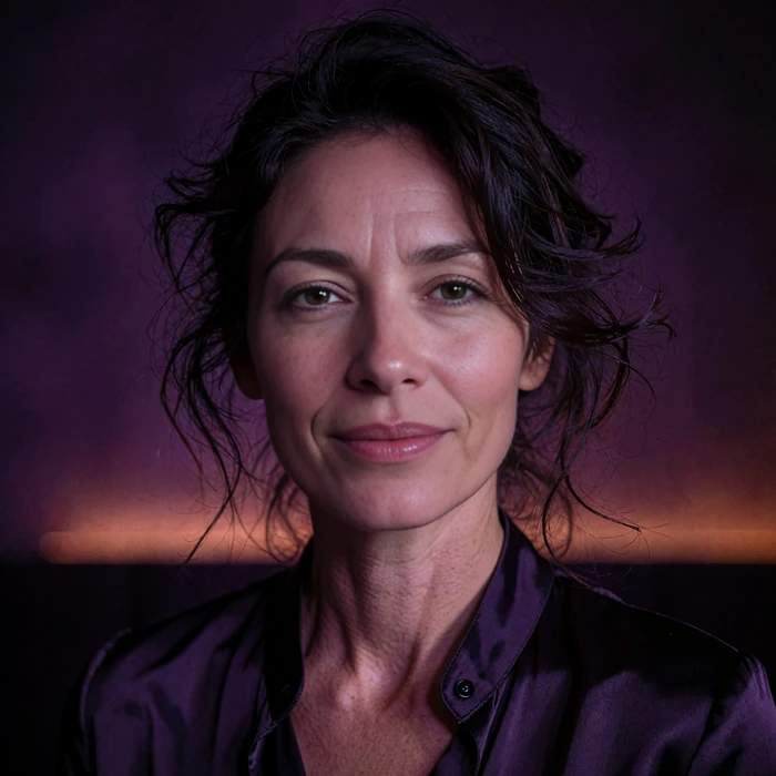 Spirited woman in her mid forties with tousled dark hair smiling confidently at a dim bar