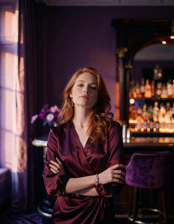 Red-haired woman in a burgundy silk wrap dress standing before a blurred upscale bar with warm amber lighting