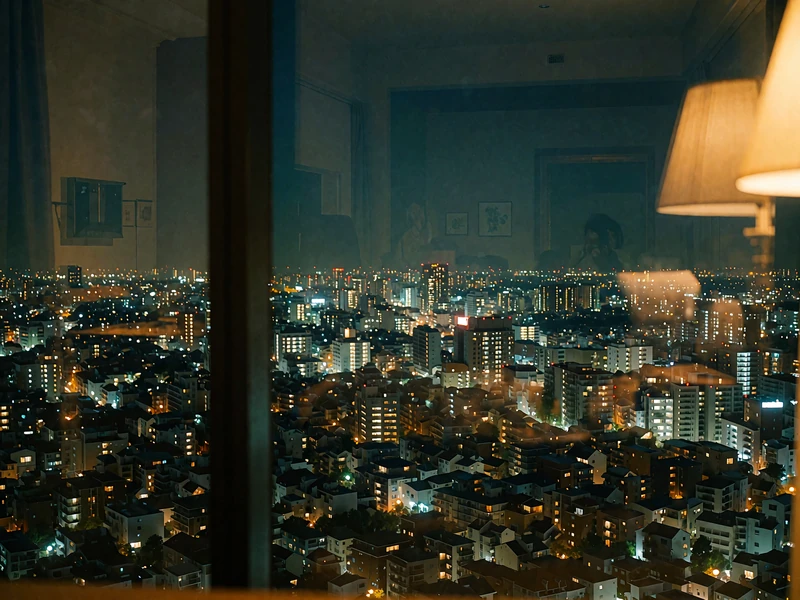 City grid of amber and cool lights seen through the tall window of a darkened high-floor suite at night