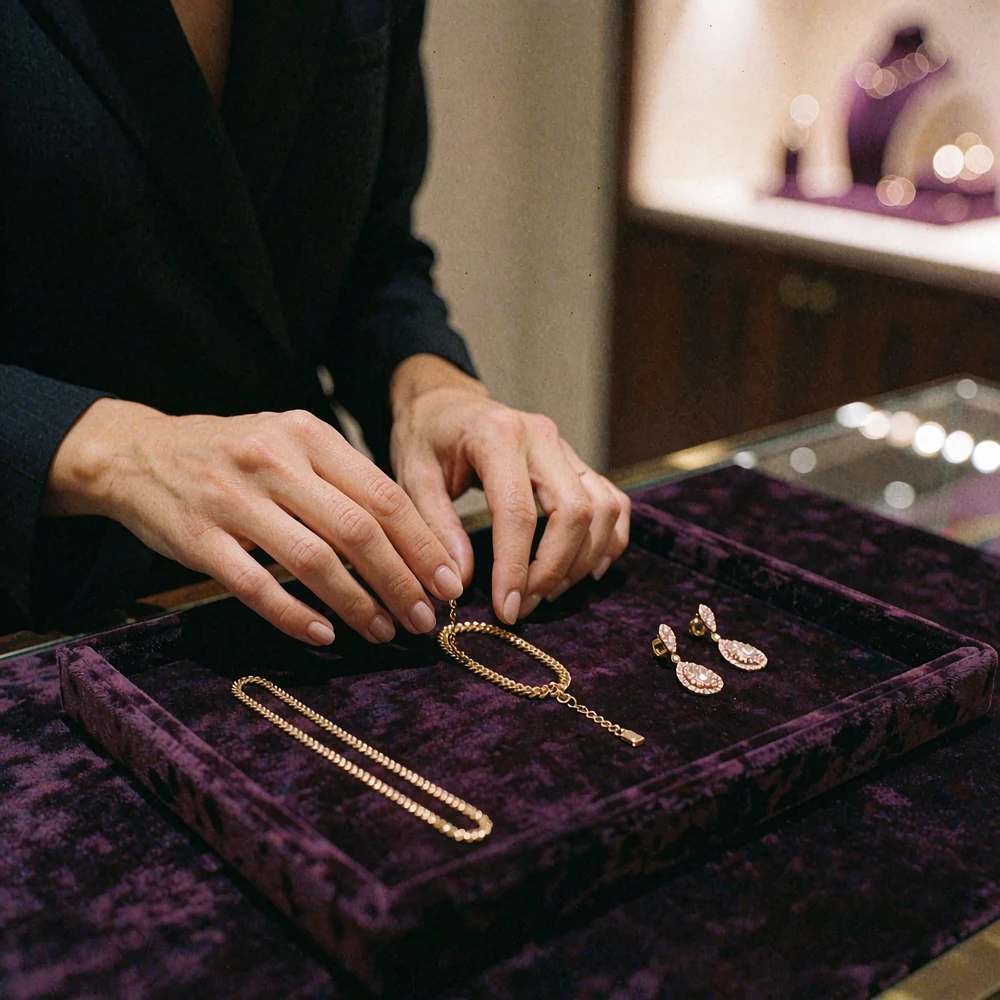 Woman's hands hovering over a velvet tray of fine gold jewelry on a boutique counter