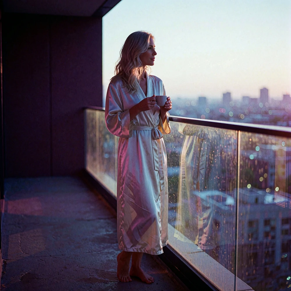 Woman in an ivory silk robe holding an espresso cup on a hotel balcony at dawn, looking calmly toward the pale morning light