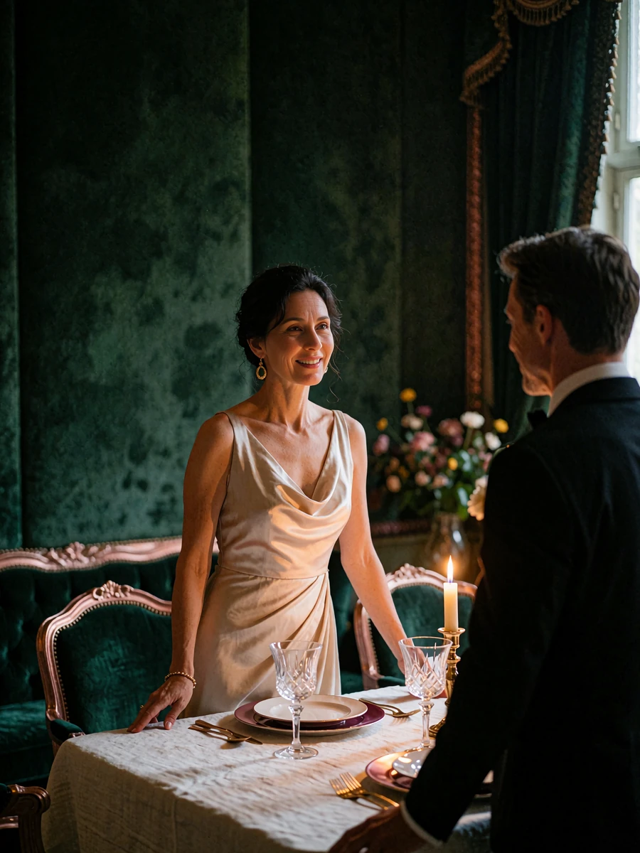 Couple at a candlelit fine-dining table, the woman in a champagne silk gown smiling toward her companion