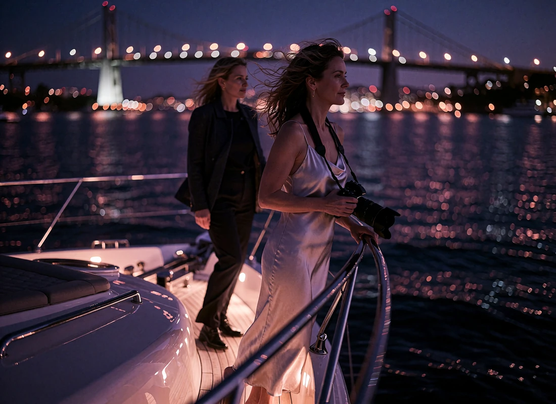 Woman at the bow rail of a chartered yacht at night with the illuminated bay bridge and harbor lights behind her