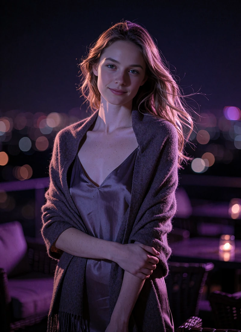 Poised light-brown-haired woman in a dark shawl over a slip dress standing on a night terrace