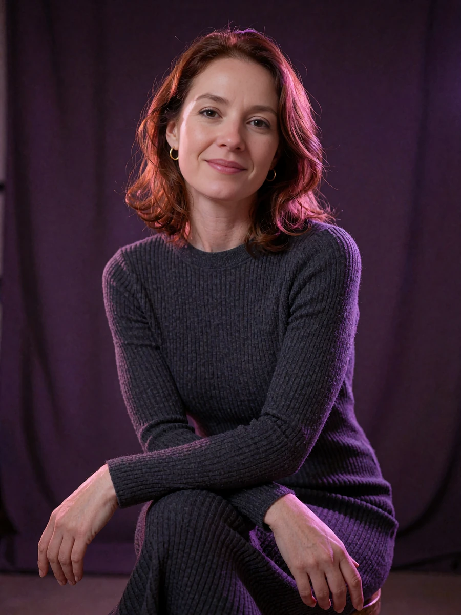 Woman with shoulder-length auburn hair in a ribbed charcoal knit dress seated with a warm closed-lip smile