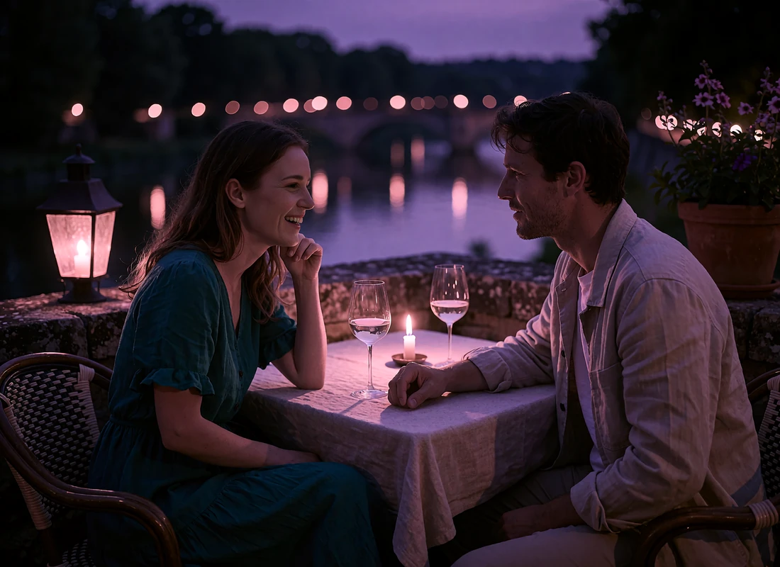 Couple dining on a candlelit riverside terrace overlooking the illuminated San Antonio River Walk at dusk