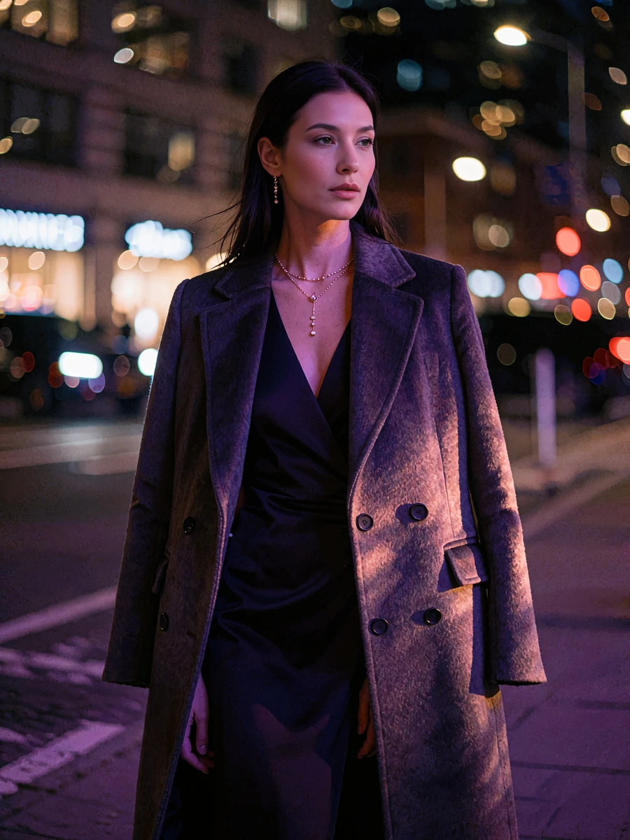Woman with straight dark hair and rose-gold jewelry wearing a charcoal evening coat outdoors at night in Atlanta