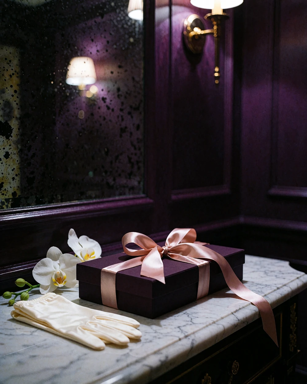 Slim plum gift box tied with rose-gold ribbon beside a white orchid on a marble console