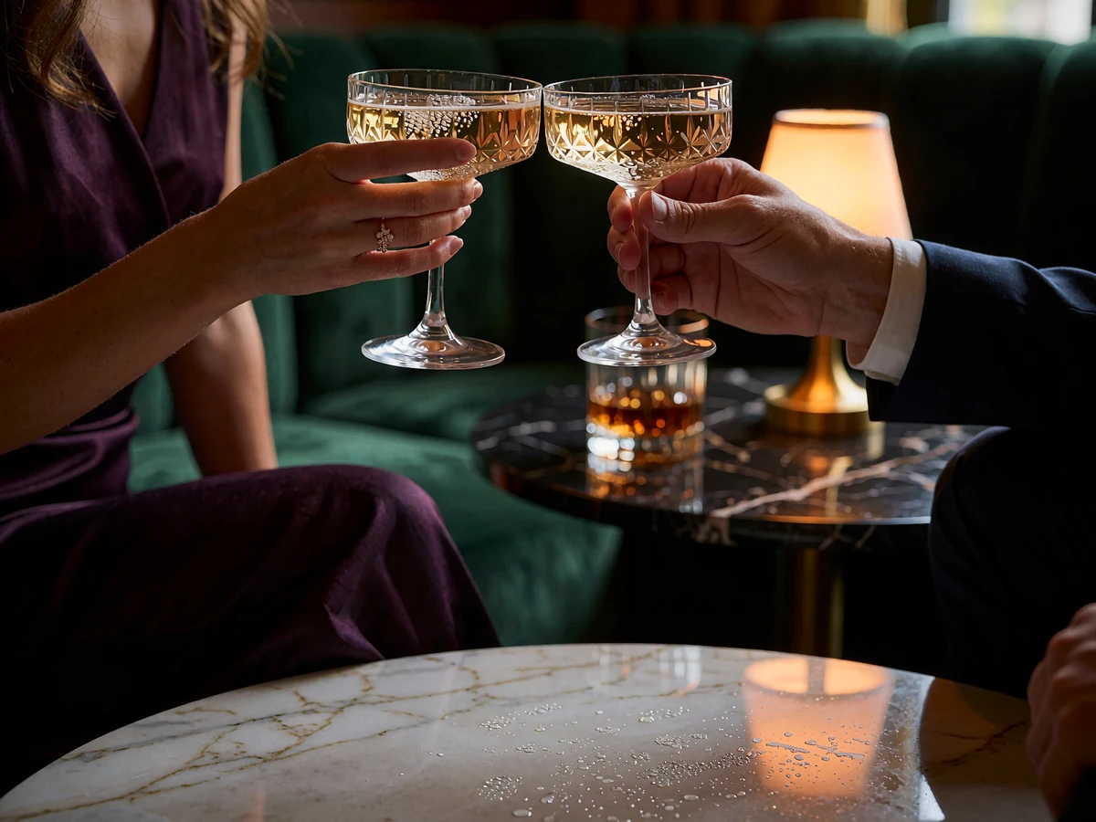 Close view of a woman's and man's hands raising crystal champagne coupes in a private Chicago hotel lounge