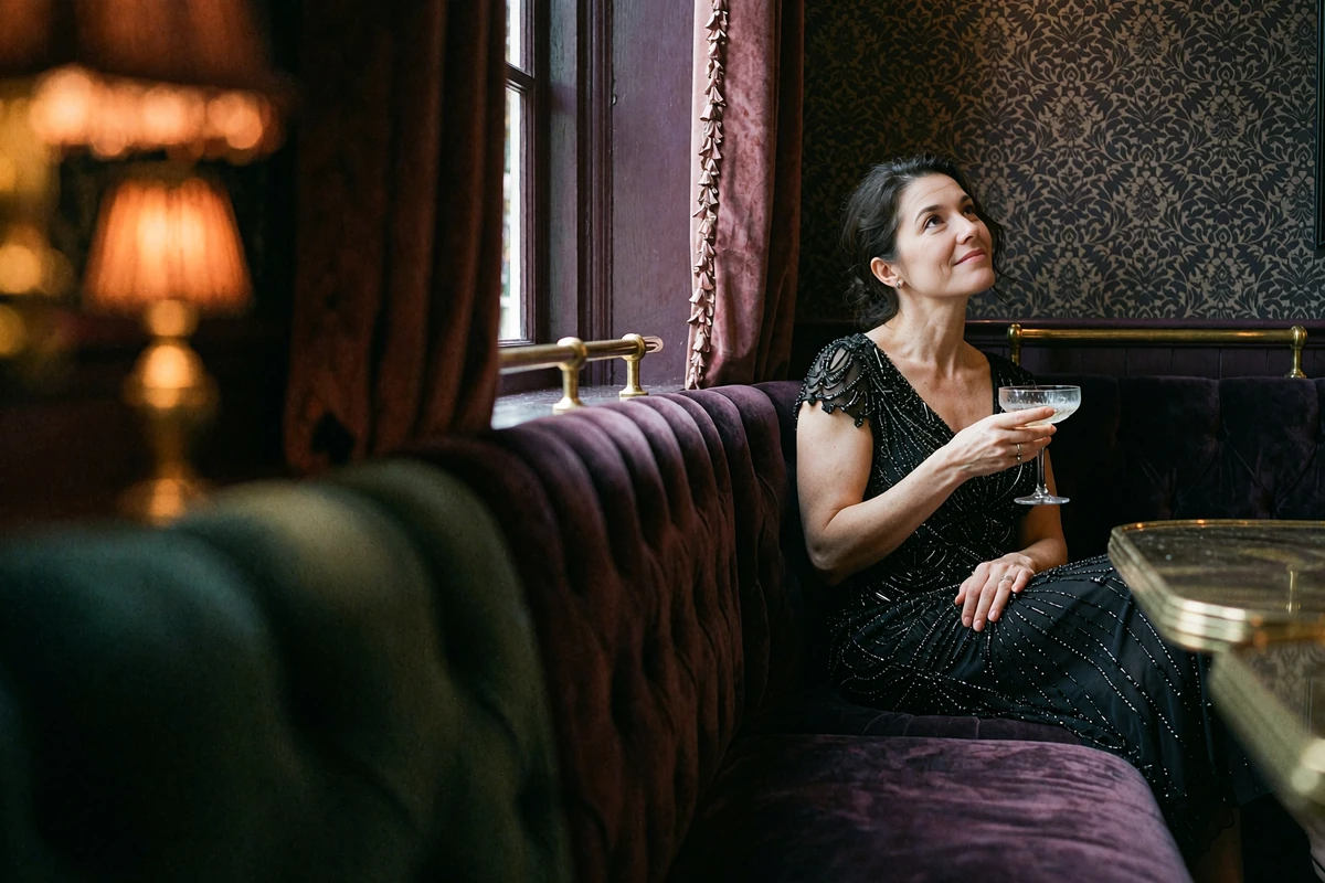 Woman in a beaded black dress seated on a velvet banquette in a dim Winter Park speakeasy-style lounge