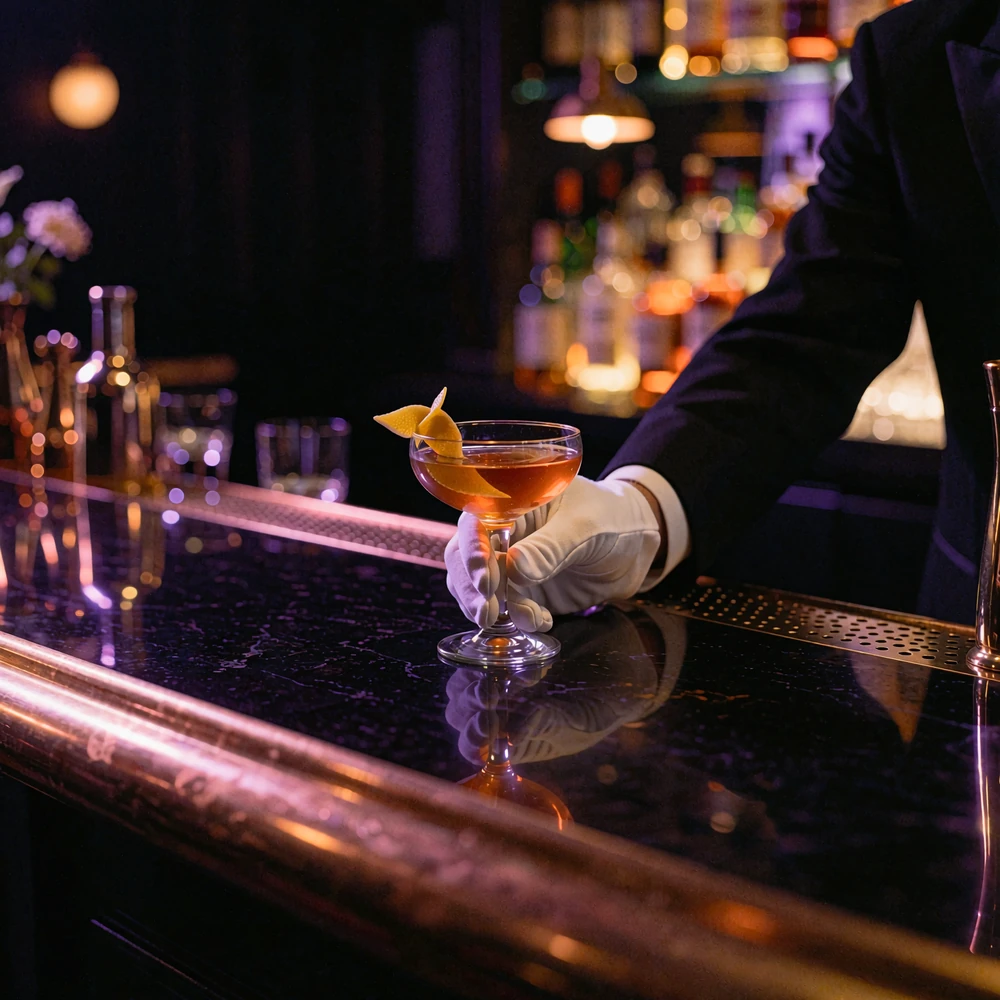 White-gloved bartender in a tuxedo presenting an amber cocktail in a coupe glass across a polished dark bar