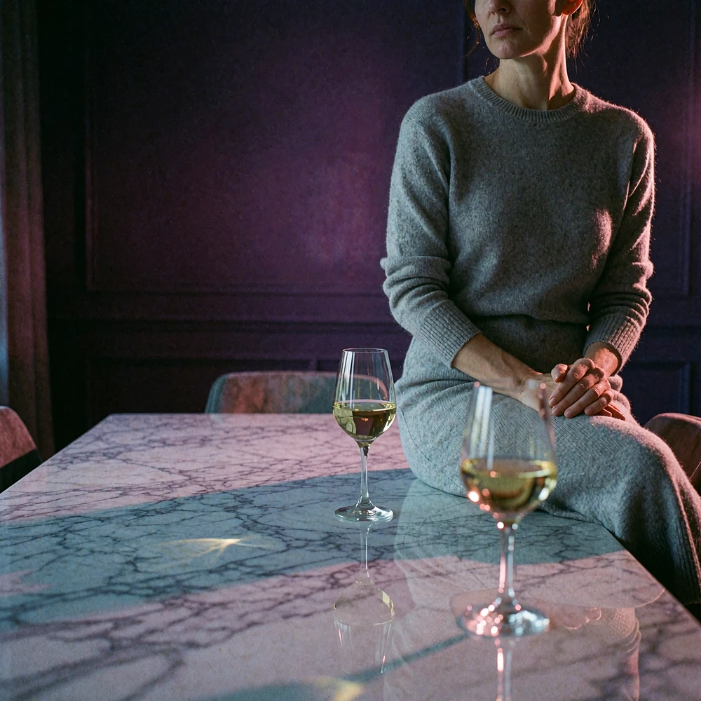 Woman in a dove-grey dress sitting alone at a marble table with two poured glasses of wine, looking toward the empty seat opposite
