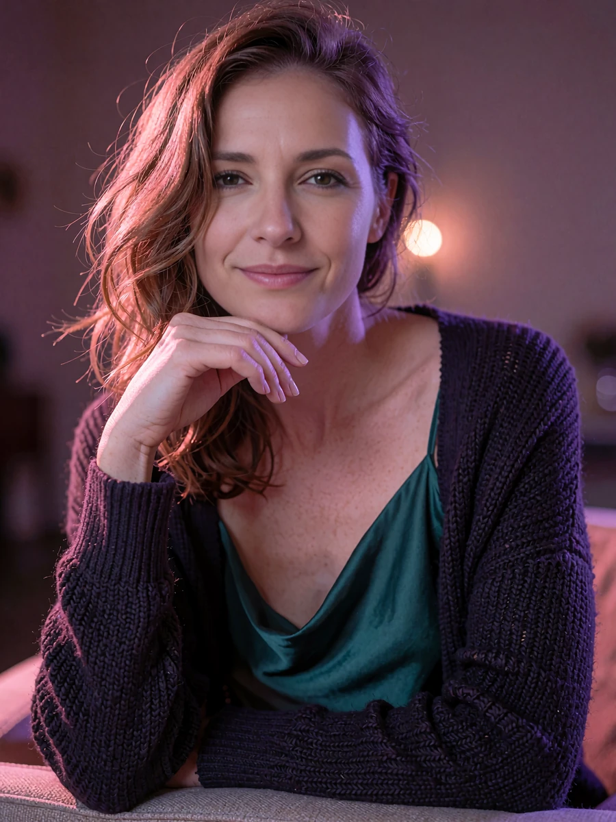 Woman with chestnut hair in an emerald silk camisole leaning gently forward with a soft smile in a dim room