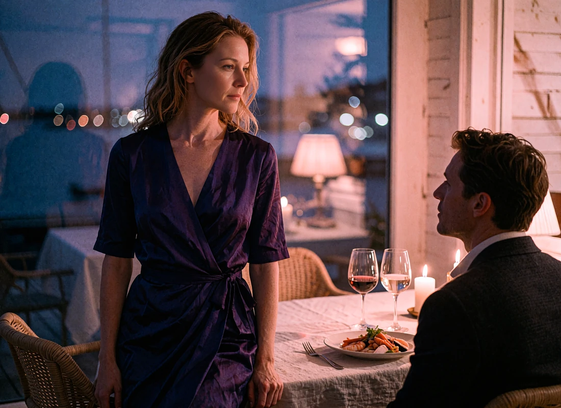 Couple sharing a late dinner at a harbourside Boston restaurant with wine and a shallow seafood plate