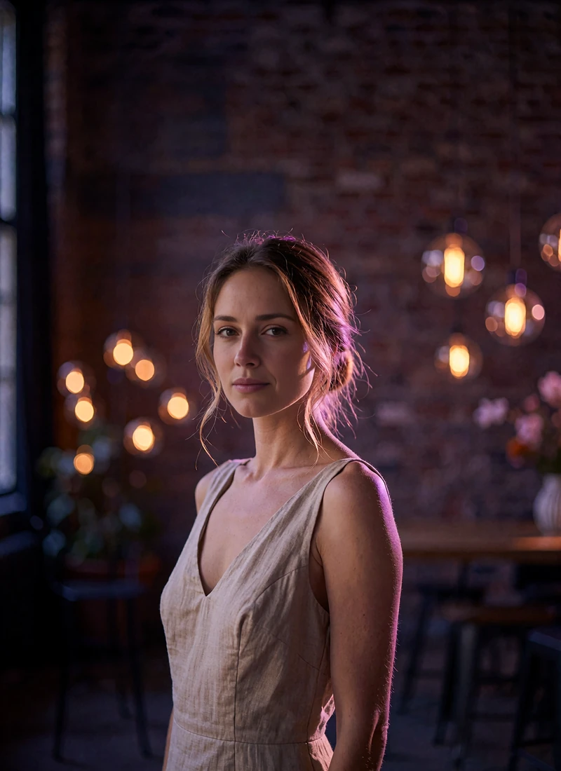 Woman with hair in a loose knot wearing a sand-colored linen gown in an industrial-chic Pearl District interior