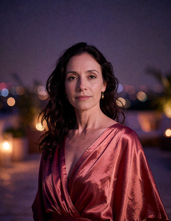 Woman in her mid forties with long dark waves wearing a scarlet silk gown on a Miami rooftop terrace at night