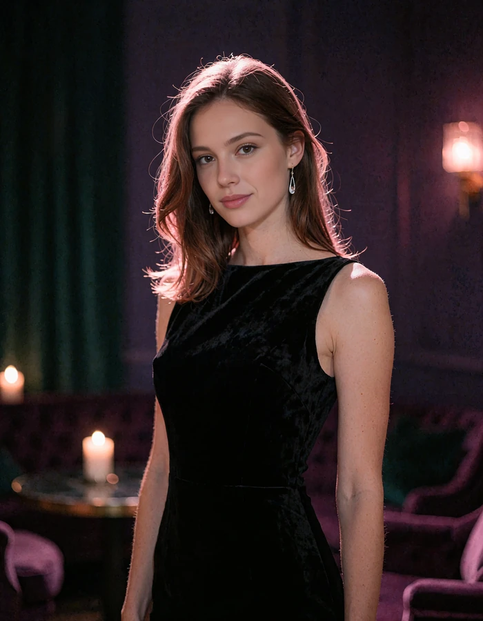 Woman with sleek dark hair and drop earrings in a black velvet evening gown inside a dim private lounge