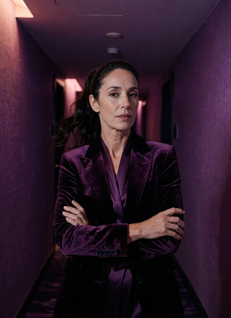 Commanding woman in a plum velvet blazer with a sharp dark ponytail standing in a dim hotel corridor with violet-lit walls