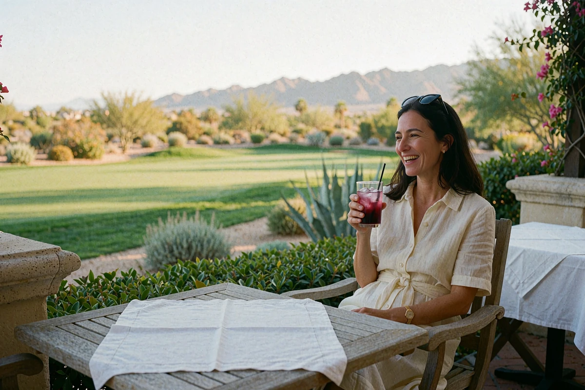 Woman in a cream linen dress laughing at a shaded golf clubhouse terrace table overlooking a Phoenix fairway