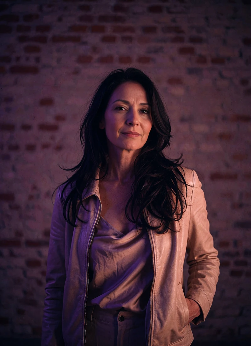 Magnetic woman in her early forties in a soft leather jacket standing against a dim brick wall with a self-assured half smile