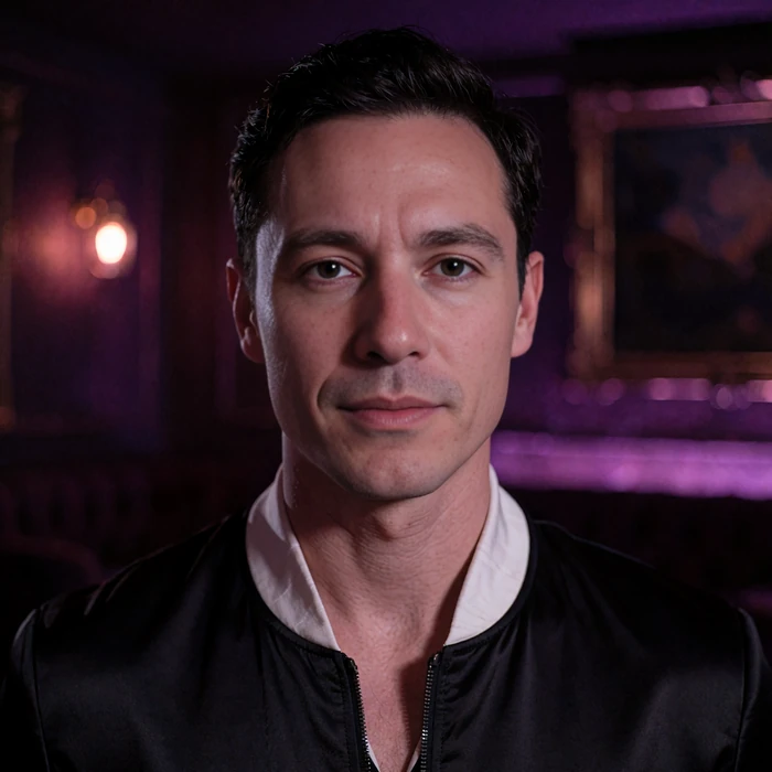 Poised man in his late twenties in a black jacket over an open white collar, photographed in a dim violet lounge
