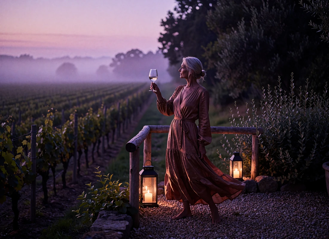 Elegant woman in a rust-toned dress on a wine estate terrace overlooking vineyard rows at dusk near Portland