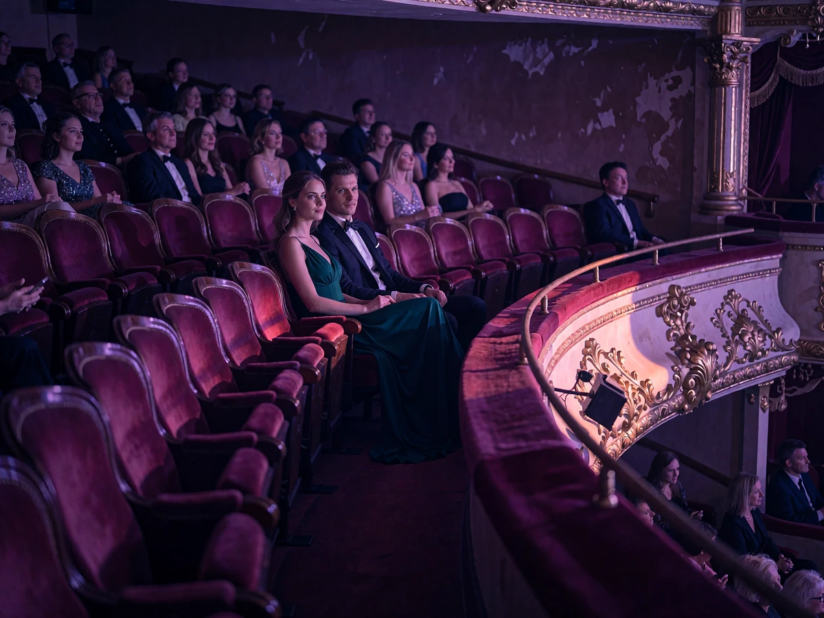Formally dressed couple seated in red-velvet balcony seats of a historic Columbus theatre