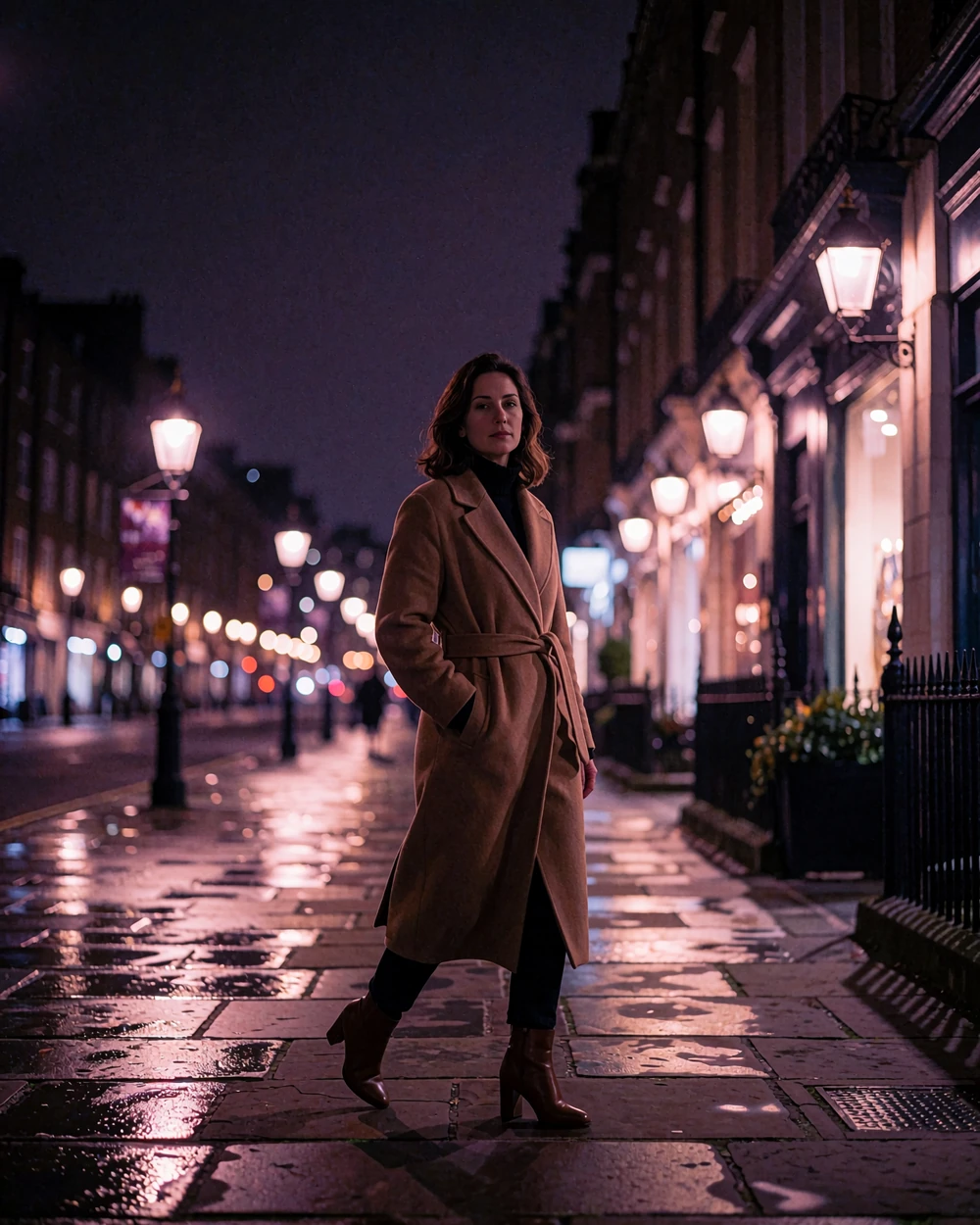 Woman in a camel coat walking calmly along a lamplit city sidewalk at night, self-possessed and unhurried