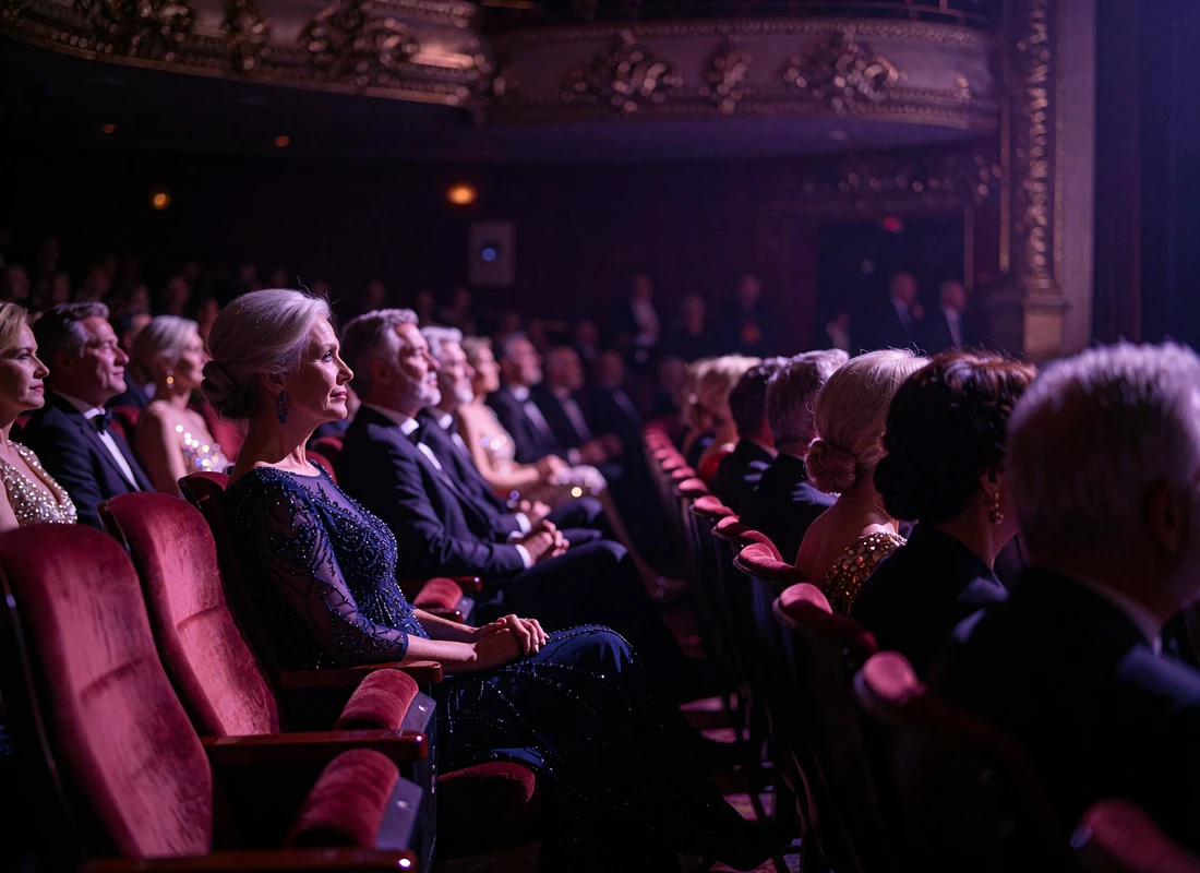 Woman in a beaded midnight-blue gown seated in a red velvet theatre seat before a Las Vegas evening show
