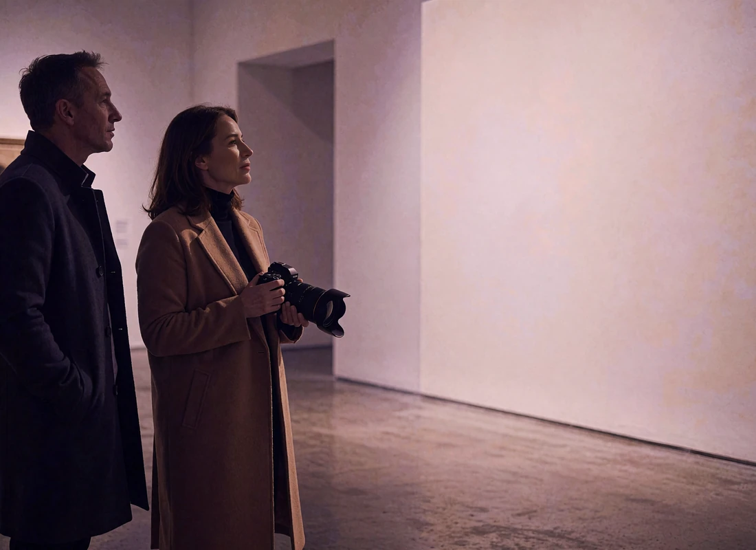 Man and woman in coats standing together in a quiet contemporary gallery in Chicago